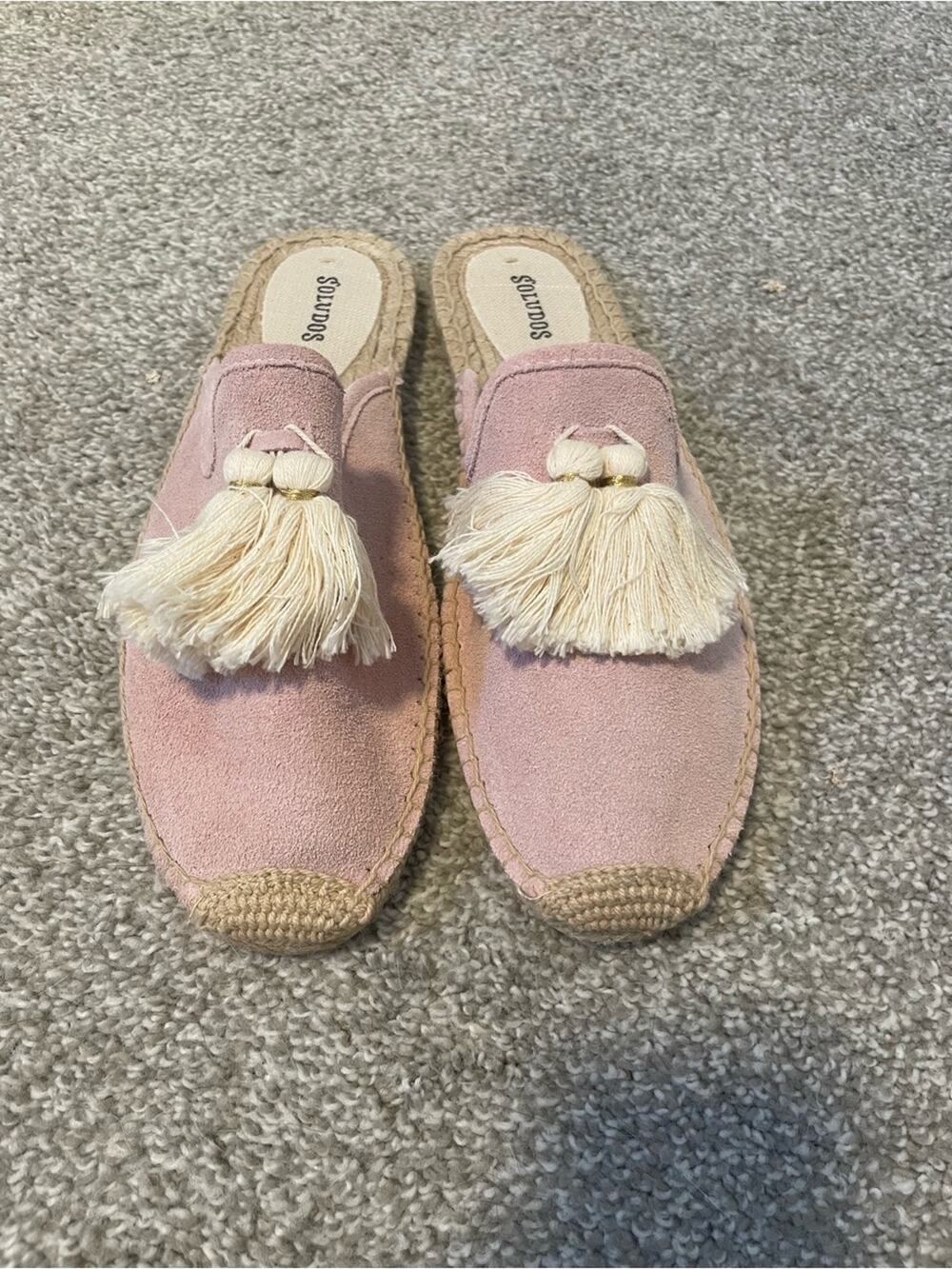 Soludos Leather Upper Blush Suede Cream Tassel Espadrille Mule Size 9